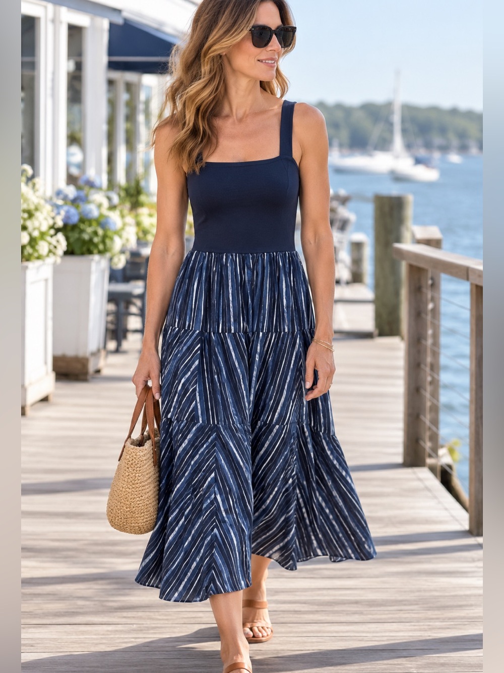 Nordstrom Navy Tiered Striped Midi Dress